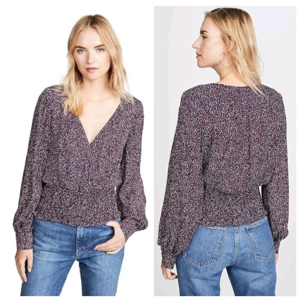Parker‎ Matilda Silk Blouse Funfetti Plum Purple Faux Wrap Smocked Waist Top XL